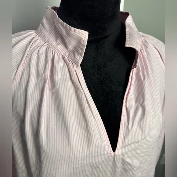 ANN MASHBURN Pink white stipe popover Blouse with Mandarin Collar - Picture 2 of 9